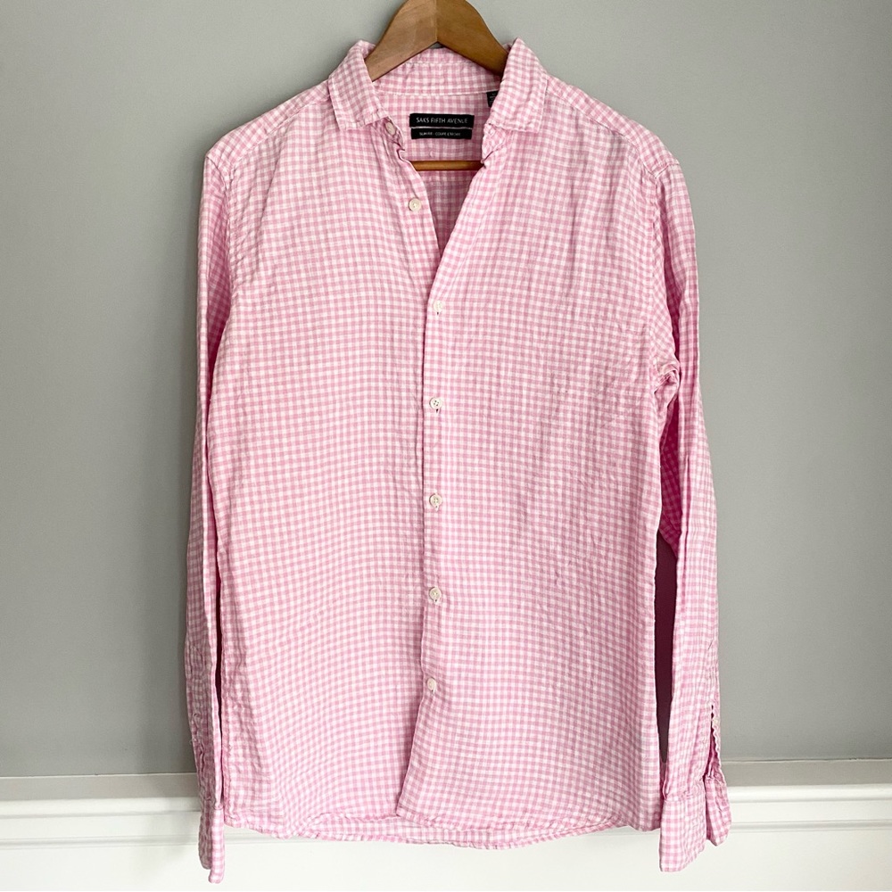 Saks Fifth Avenue Men's Linen Slim Fit Small Pink White Gingham Button Up Shirt